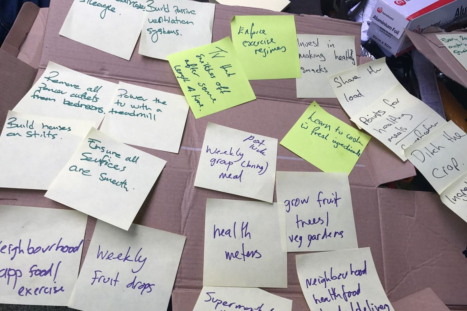 Handschriftliche Ideen auf gelben und grünen Haftnotizen, ausgelegt auf einem Karton