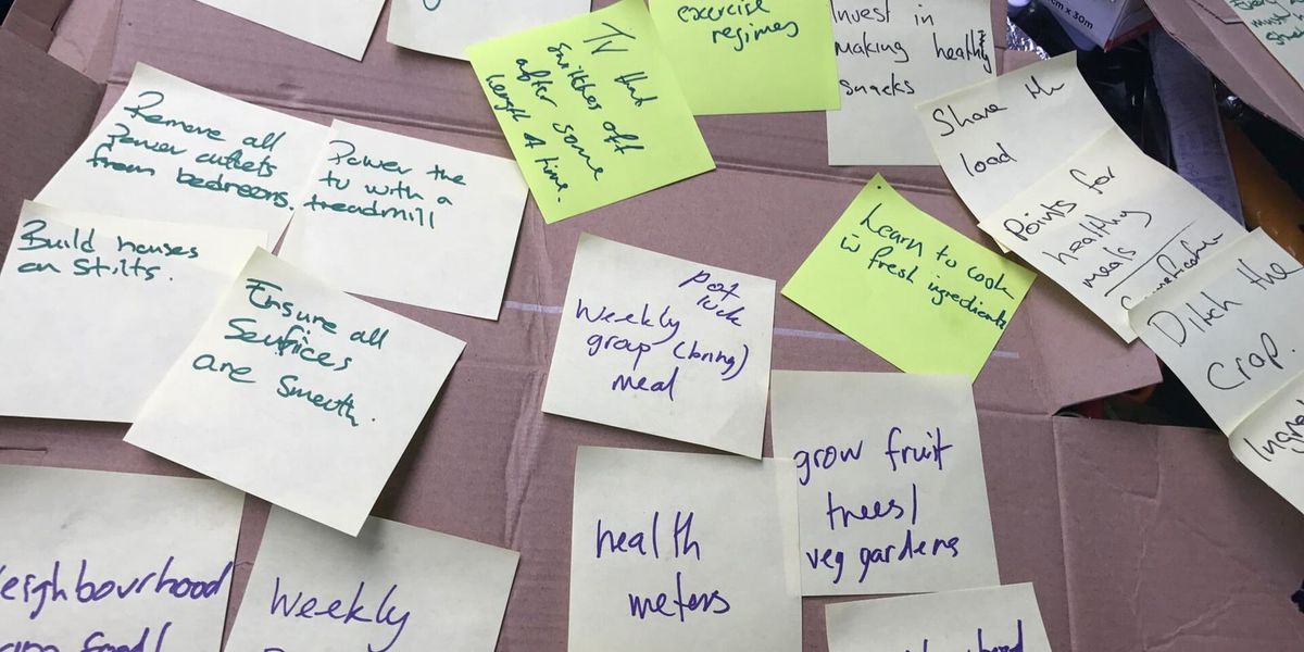 Handschriftliche Ideen auf gelben und grünen Haftnotizen, ausgelegt auf einem Karton