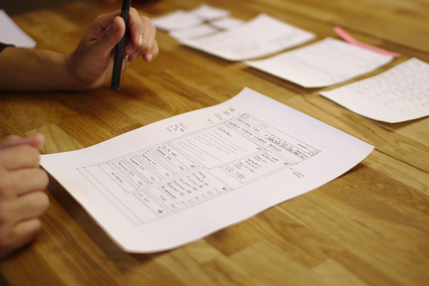 Handgezeichneter Papierprototyp einer Website-Oberfläche auf einem Holztisch, daneben weitere Skizzen